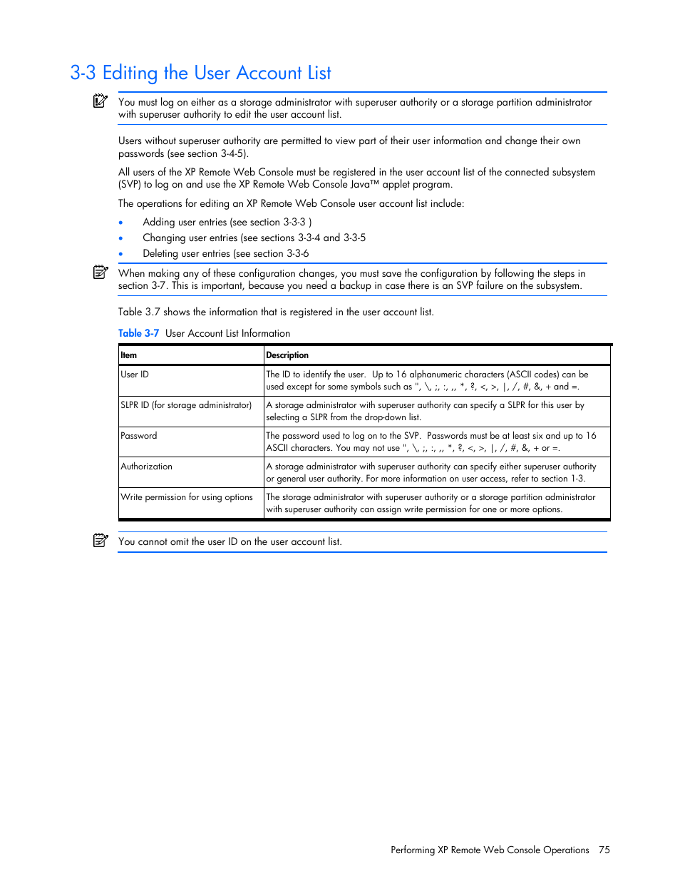 3 editing the user account list | HP StorageWorks XP Remote Web Console Software User Manual | Page 75 / 131