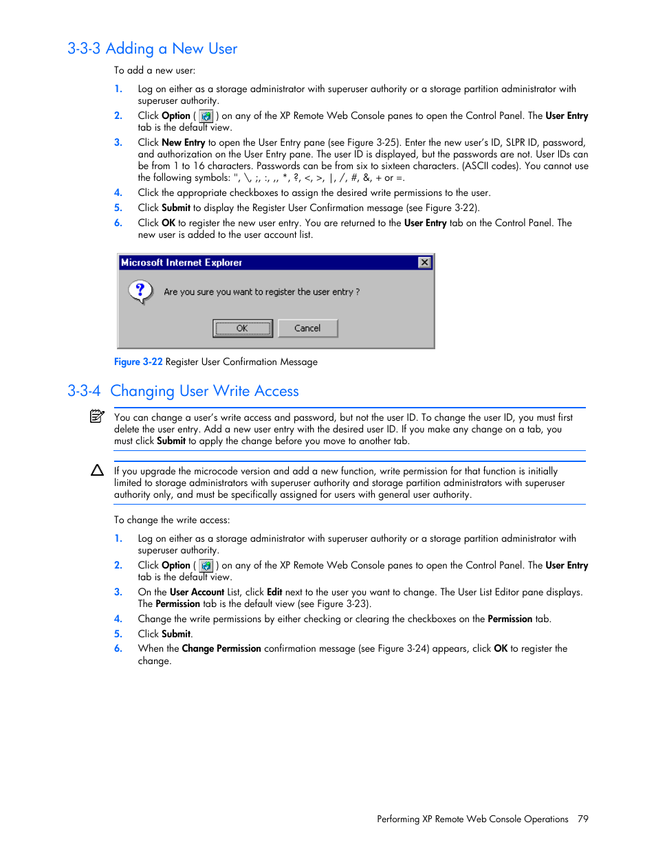 3-3 adding a new user, 3-4 changing user write access | HP StorageWorks XP Remote Web Console Software User Manual | Page 79 / 131