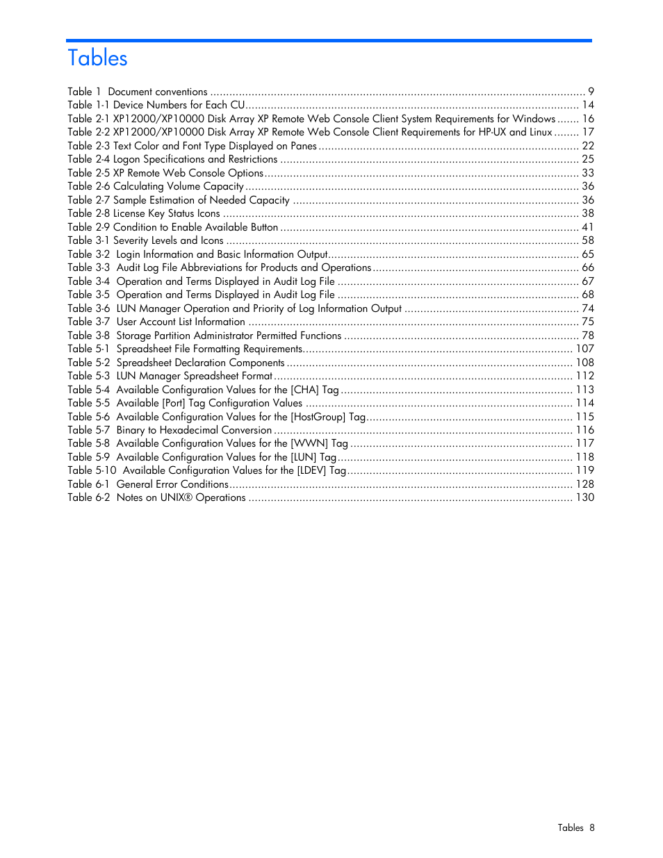 Tables | HP StorageWorks XP Remote Web Console Software User Manual | Page 8 / 131