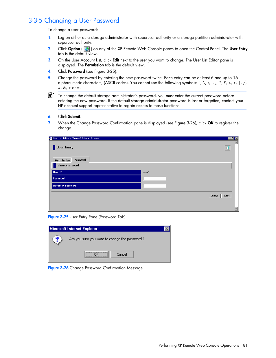 3-5 changing a user password | HP StorageWorks XP Remote Web Console Software User Manual | Page 81 / 131