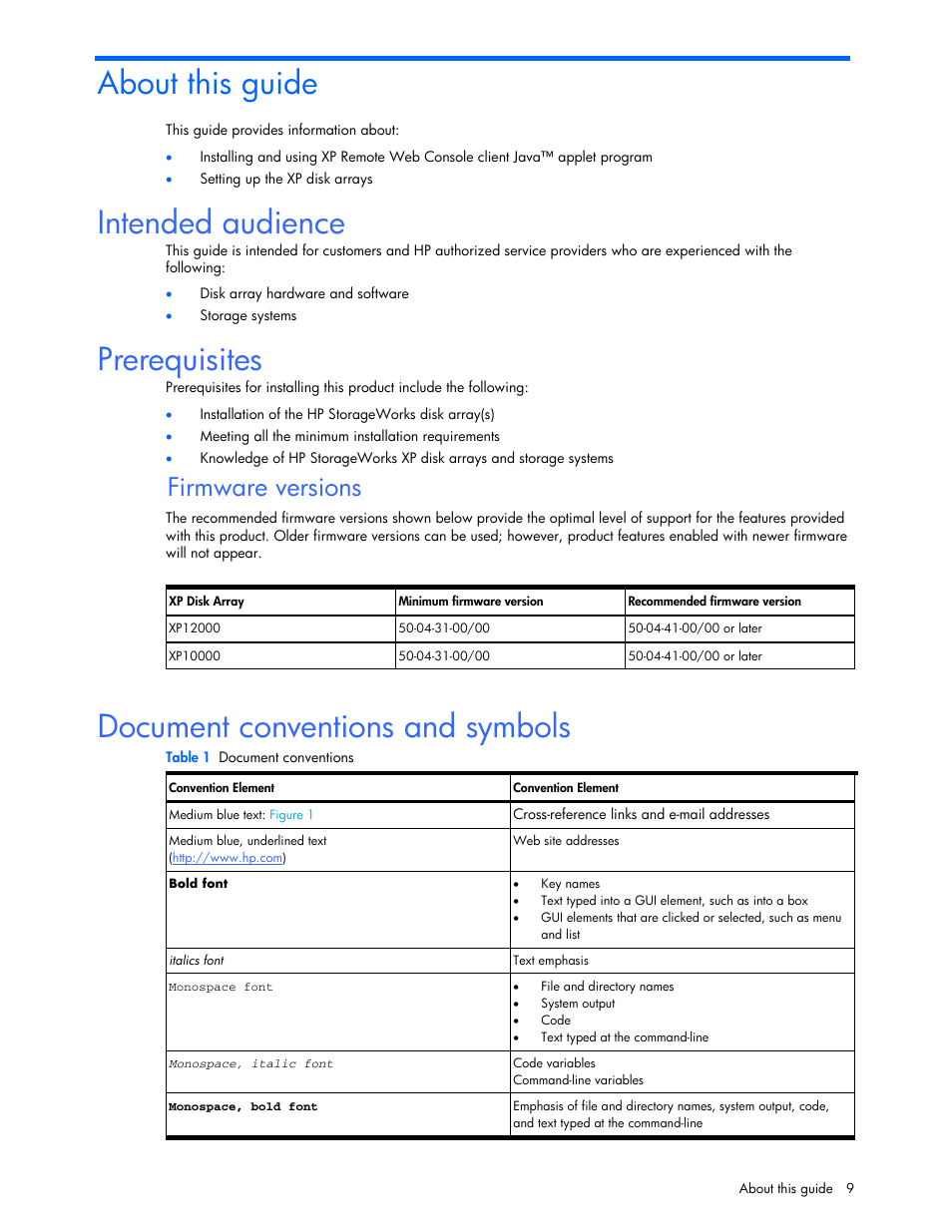 About this guide, Intended audience, Prerequisites | Document conventions and symbols, Firmware versions | HP StorageWorks XP Remote Web Console Software User Manual | Page 9 / 131