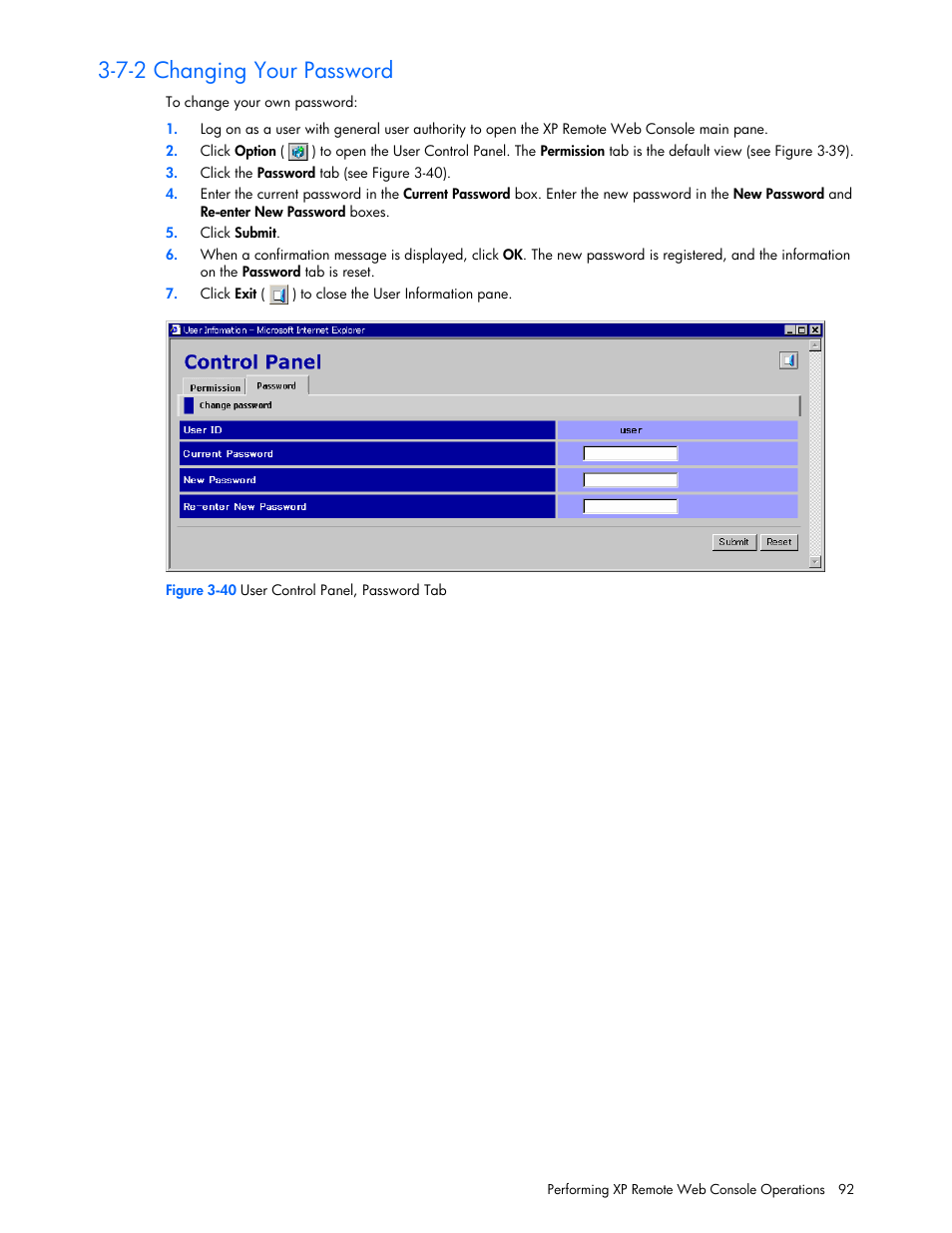 7-2 changing your password | HP StorageWorks XP Remote Web Console Software User Manual | Page 92 / 131