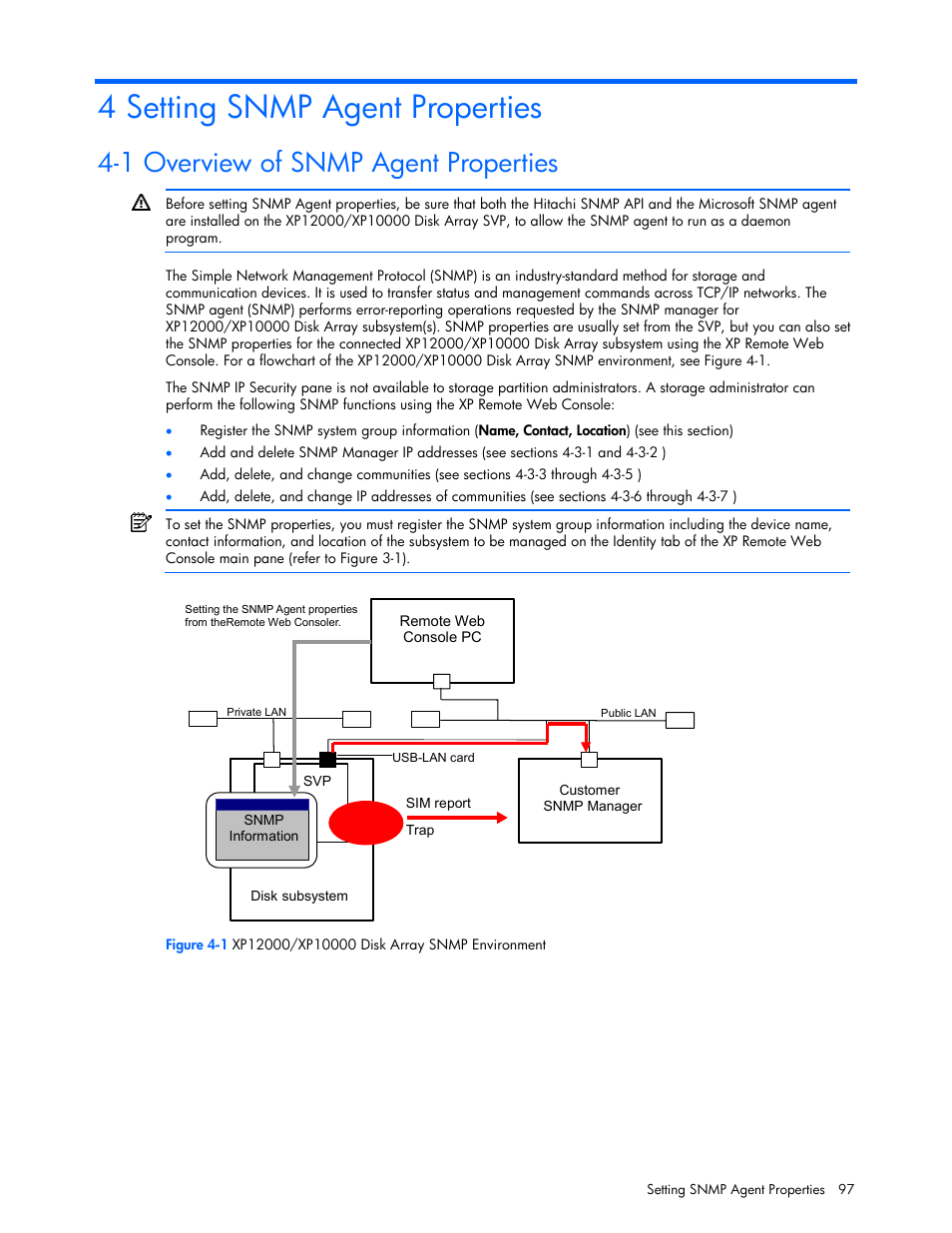 4 setting snmp agent properties, 1 overview of snmp agent properties | HP StorageWorks XP Remote Web Console Software User Manual | Page 97 / 131