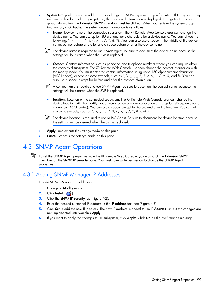 3 snmp agent operations, 3-1 adding snmp manager ip addresses | HP StorageWorks XP Remote Web Console Software User Manual | Page 99 / 131