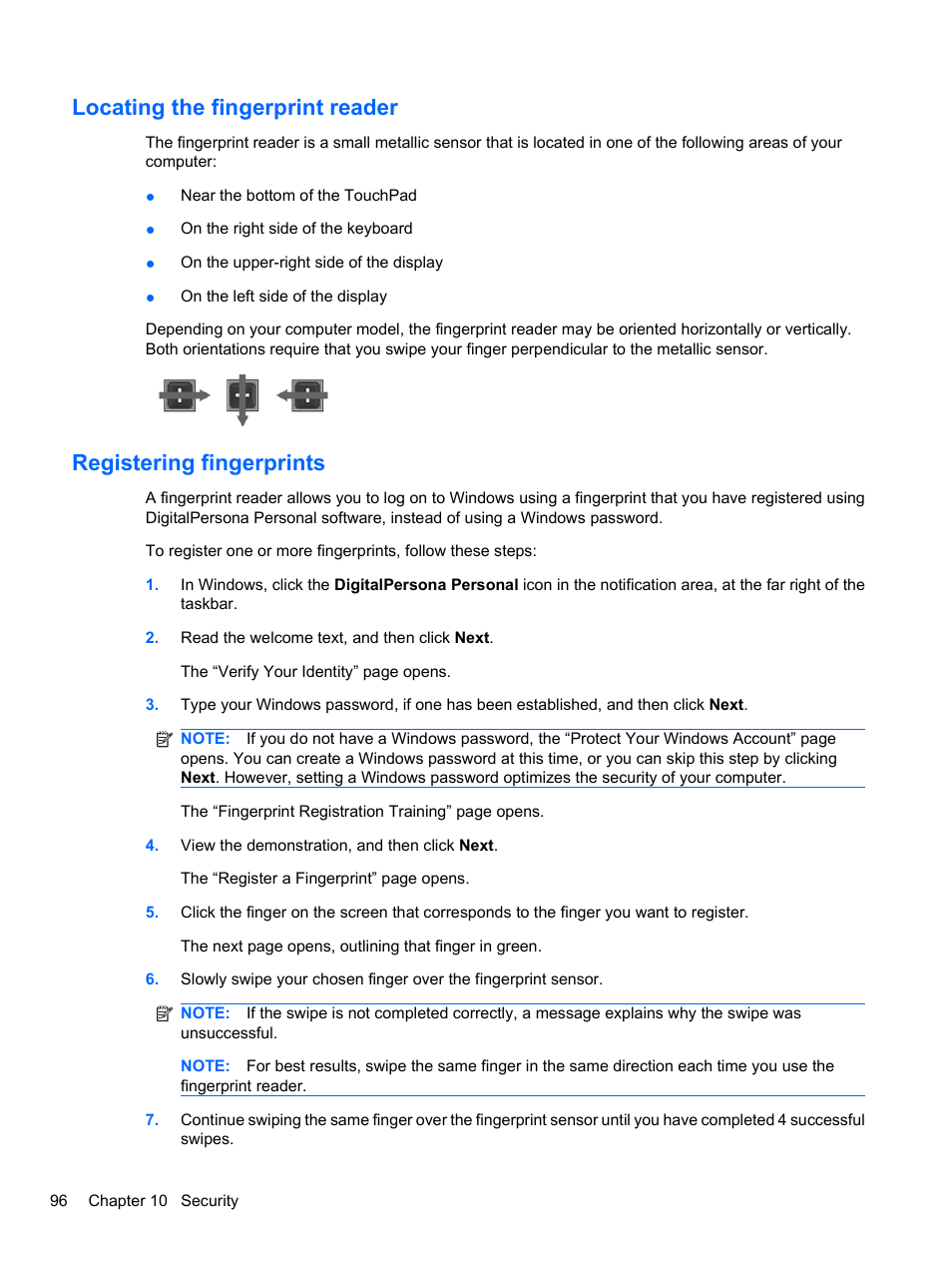 Locating the fingerprint reader, Registering fingerprints | HP Pavilion dv3-4001tx Entertainment Notebook PC User Manual | Page 106 / 124