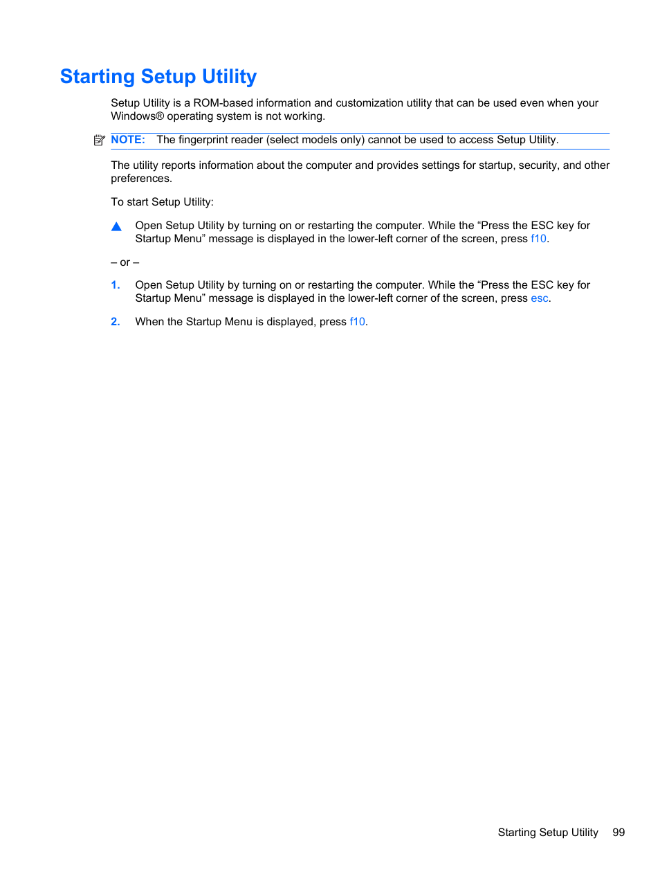Starting setup utility | HP Pavilion dv3-4001tx Entertainment Notebook PC User Manual | Page 109 / 124