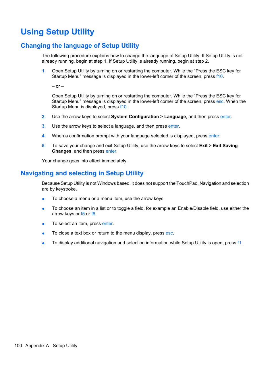 Using setup utility, Changing the language of setup utility, Navigating and selecting in setup utility | HP Pavilion dv3-4001tx Entertainment Notebook PC User Manual | Page 110 / 124