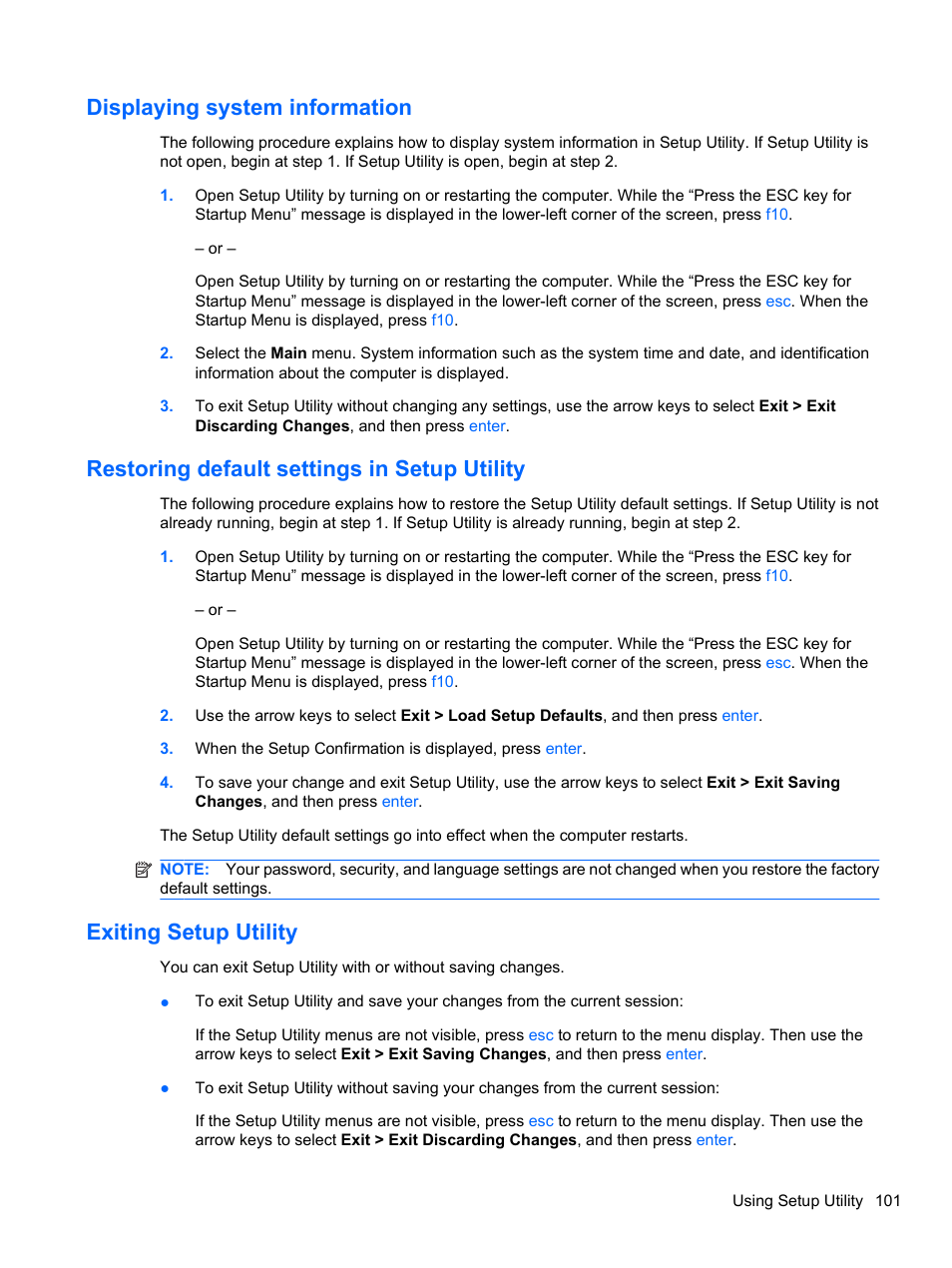Displaying system information, Restoring default settings in setup utility, Exiting setup utility | HP Pavilion dv3-4001tx Entertainment Notebook PC User Manual | Page 111 / 124