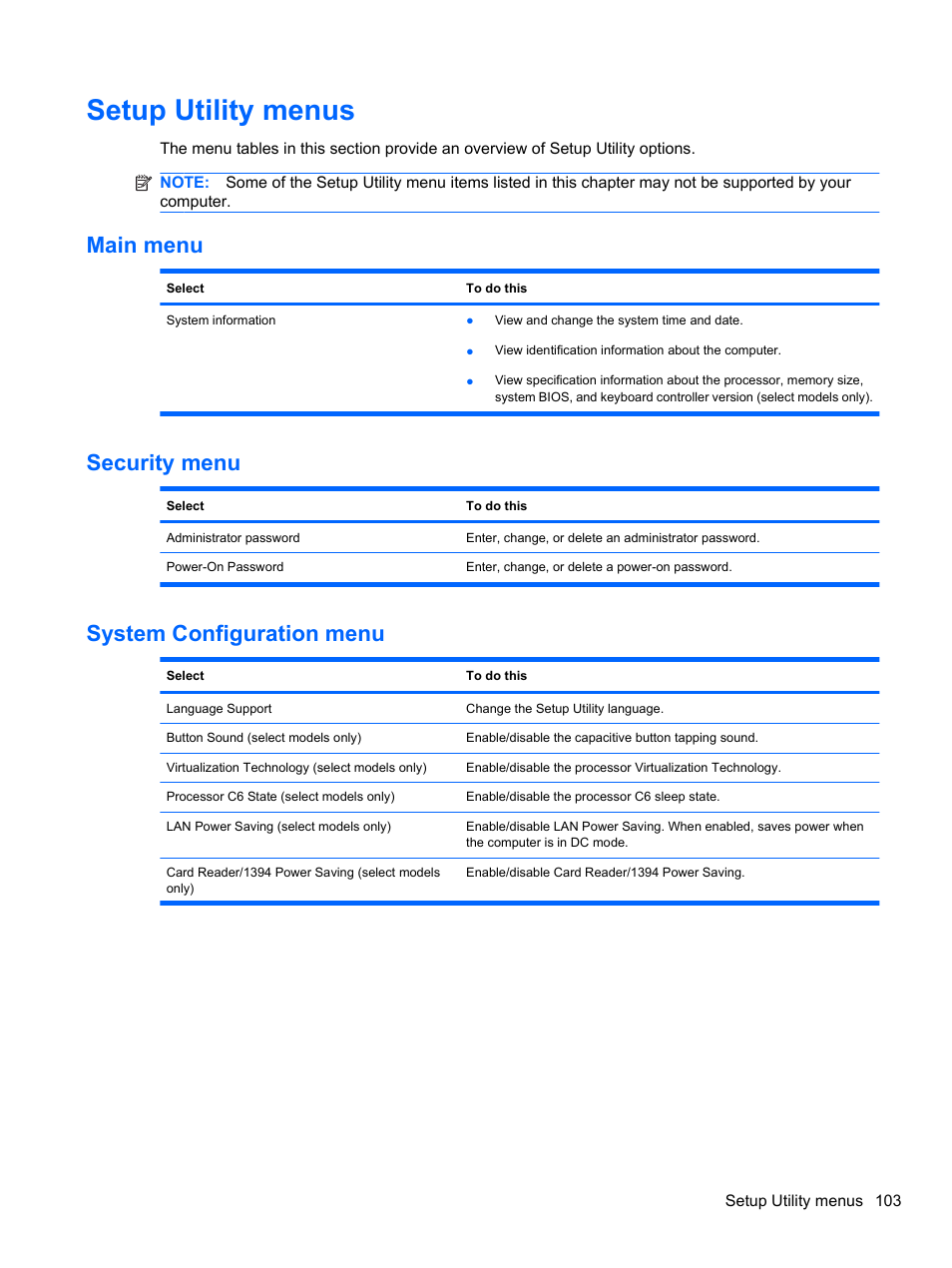 Setup utility menus, Main menu, Security menu | System configuration menu, Main menu security menu system configuration menu | HP Pavilion dv3-4001tx Entertainment Notebook PC User Manual | Page 113 / 124
