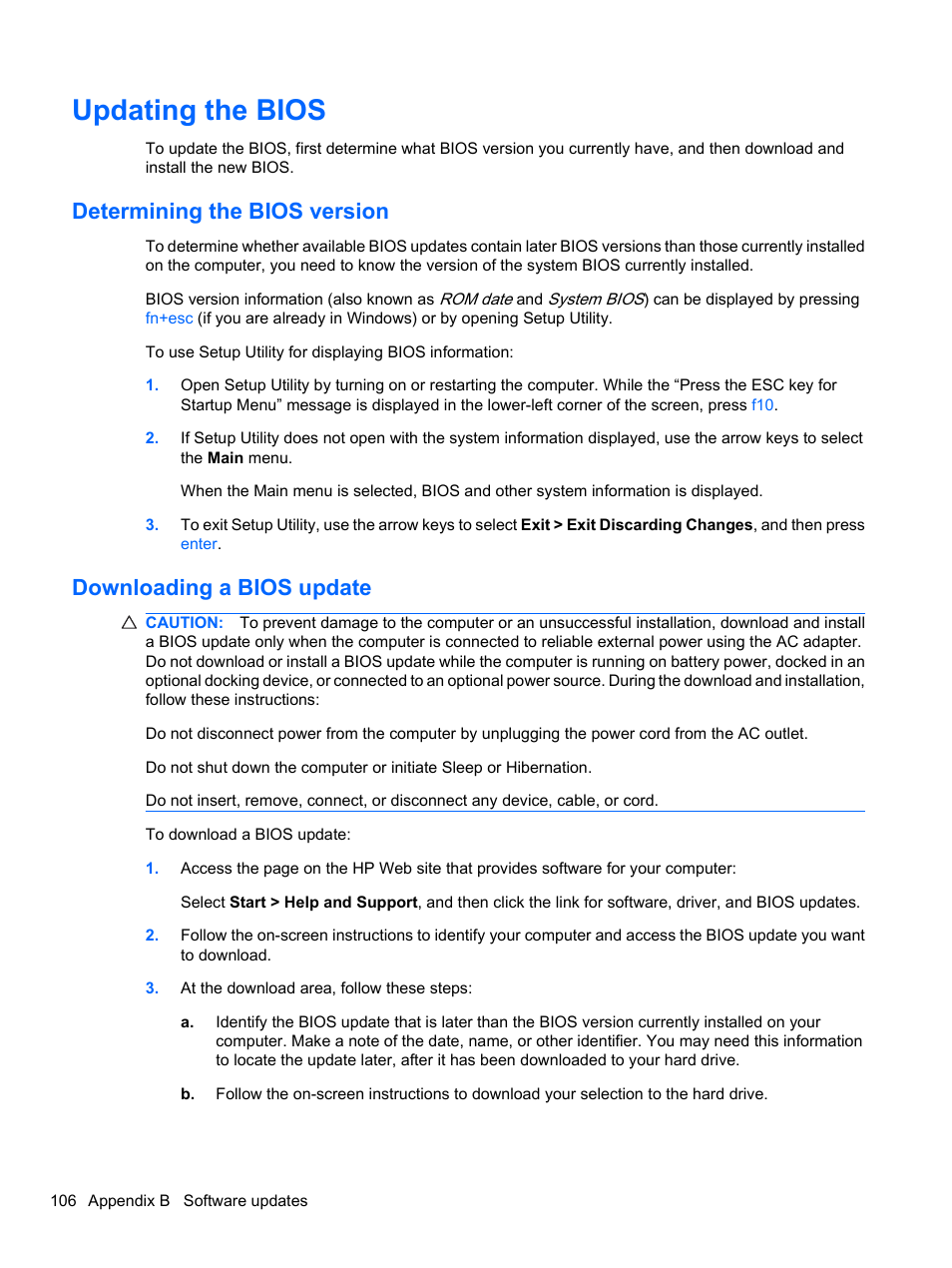 Updating the bios, Determining the bios version, Downloading a bios update | HP Pavilion dv3-4001tx Entertainment Notebook PC User Manual | Page 116 / 124