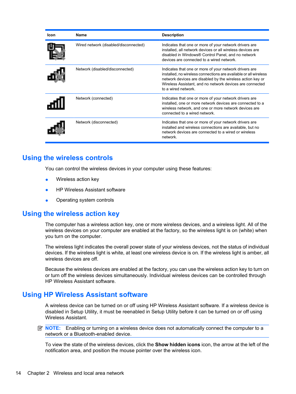 Using the wireless controls, Using the wireless action key, Using hp wireless assistant software | HP Pavilion dv3-4001tx Entertainment Notebook PC User Manual | Page 24 / 124
