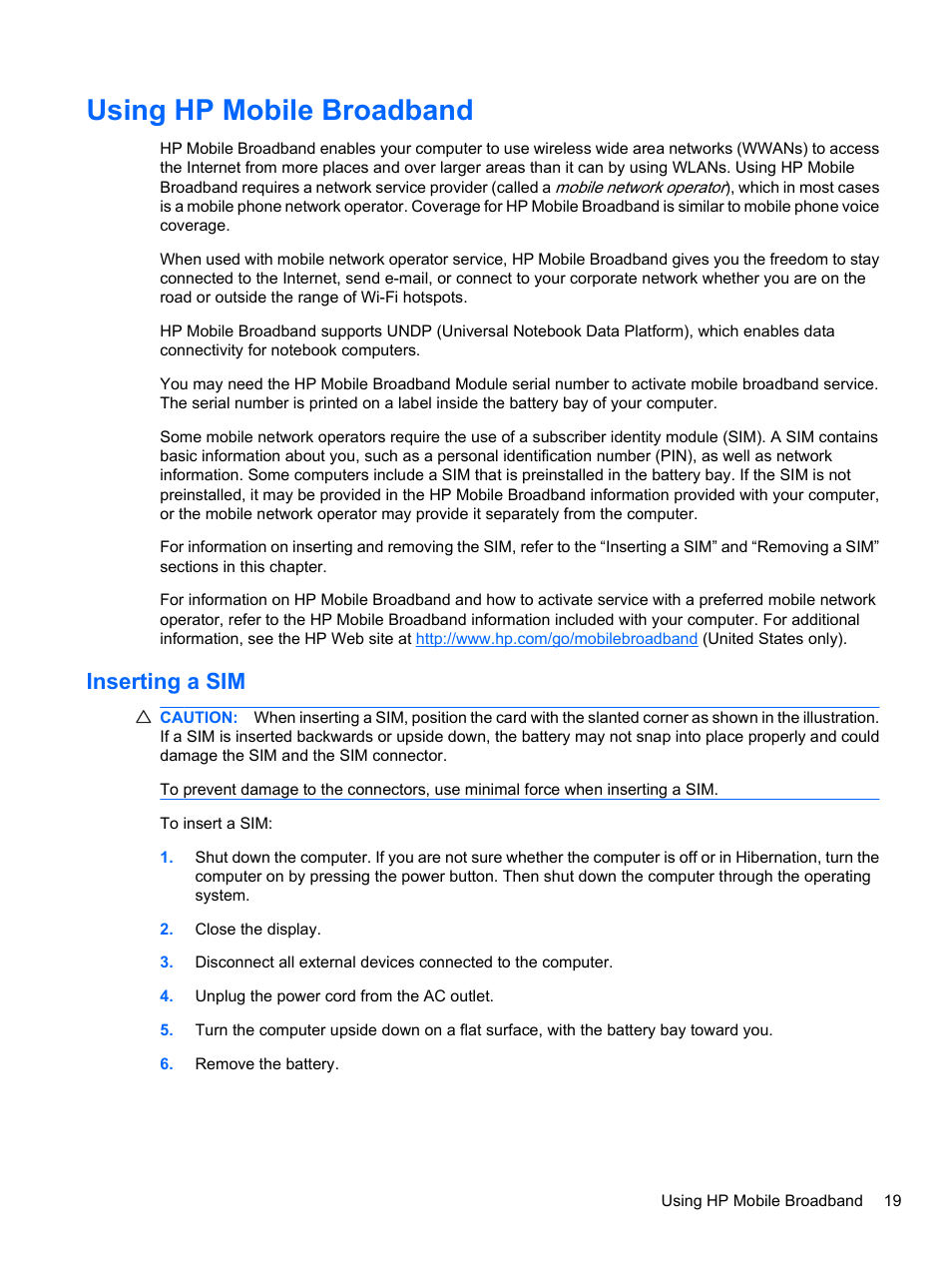 Using hp mobile broadband, Inserting a sim | HP Pavilion dv3-4001tx Entertainment Notebook PC User Manual | Page 29 / 124