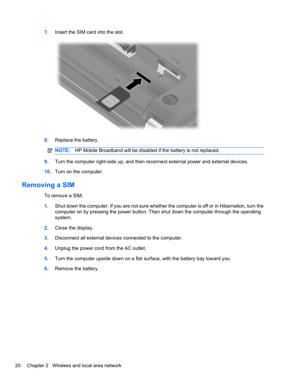 Removing a sim | HP Pavilion dv3-4001tx Entertainment Notebook PC User Manual | Page 30 / 124