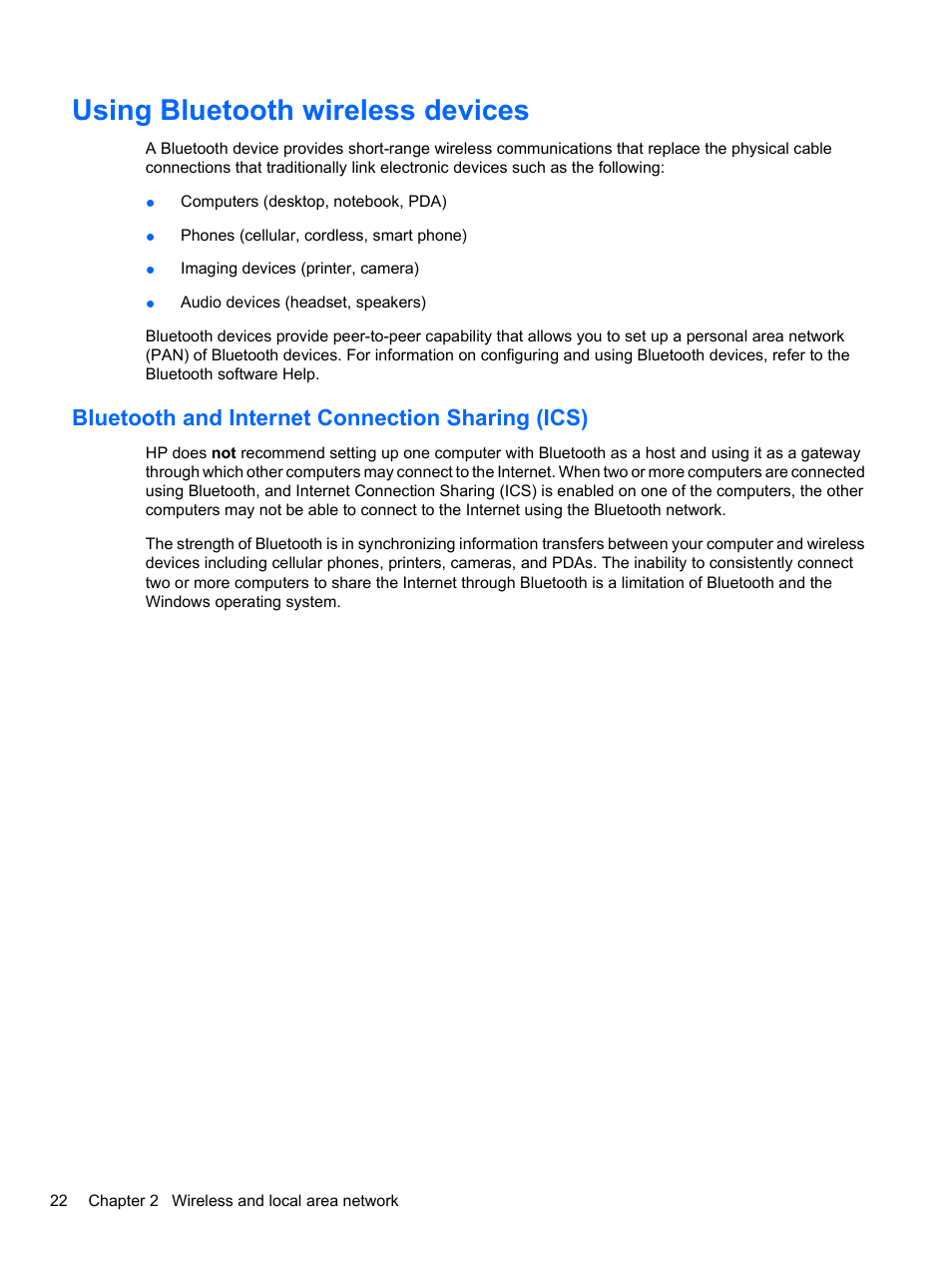 Using bluetooth wireless devices, Bluetooth and internet connection sharing (ics) | HP Pavilion dv3-4001tx Entertainment Notebook PC User Manual | Page 32 / 124