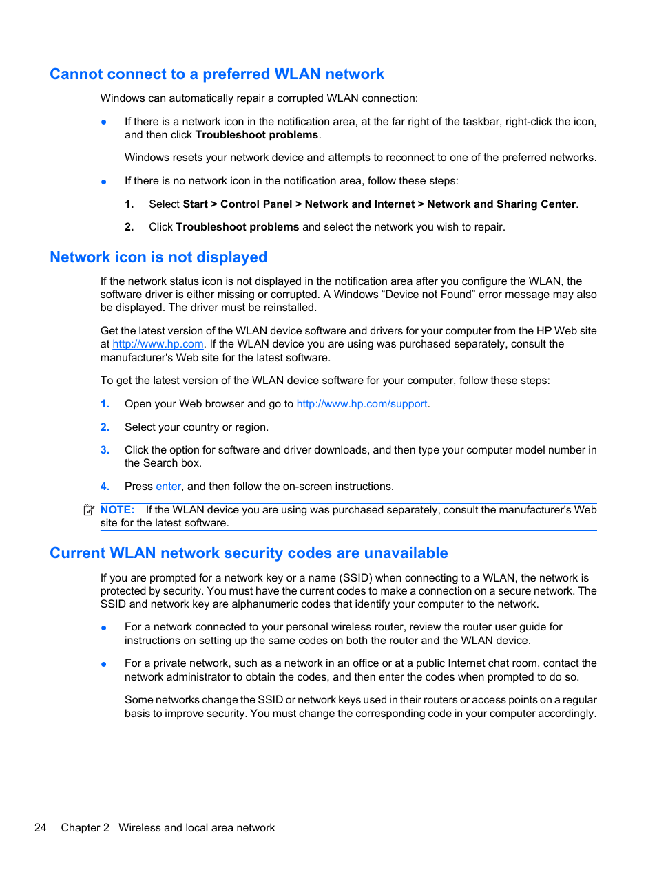 Cannot connect to a preferred wlan network, Network icon is not displayed | HP Pavilion dv3-4001tx Entertainment Notebook PC User Manual | Page 34 / 124