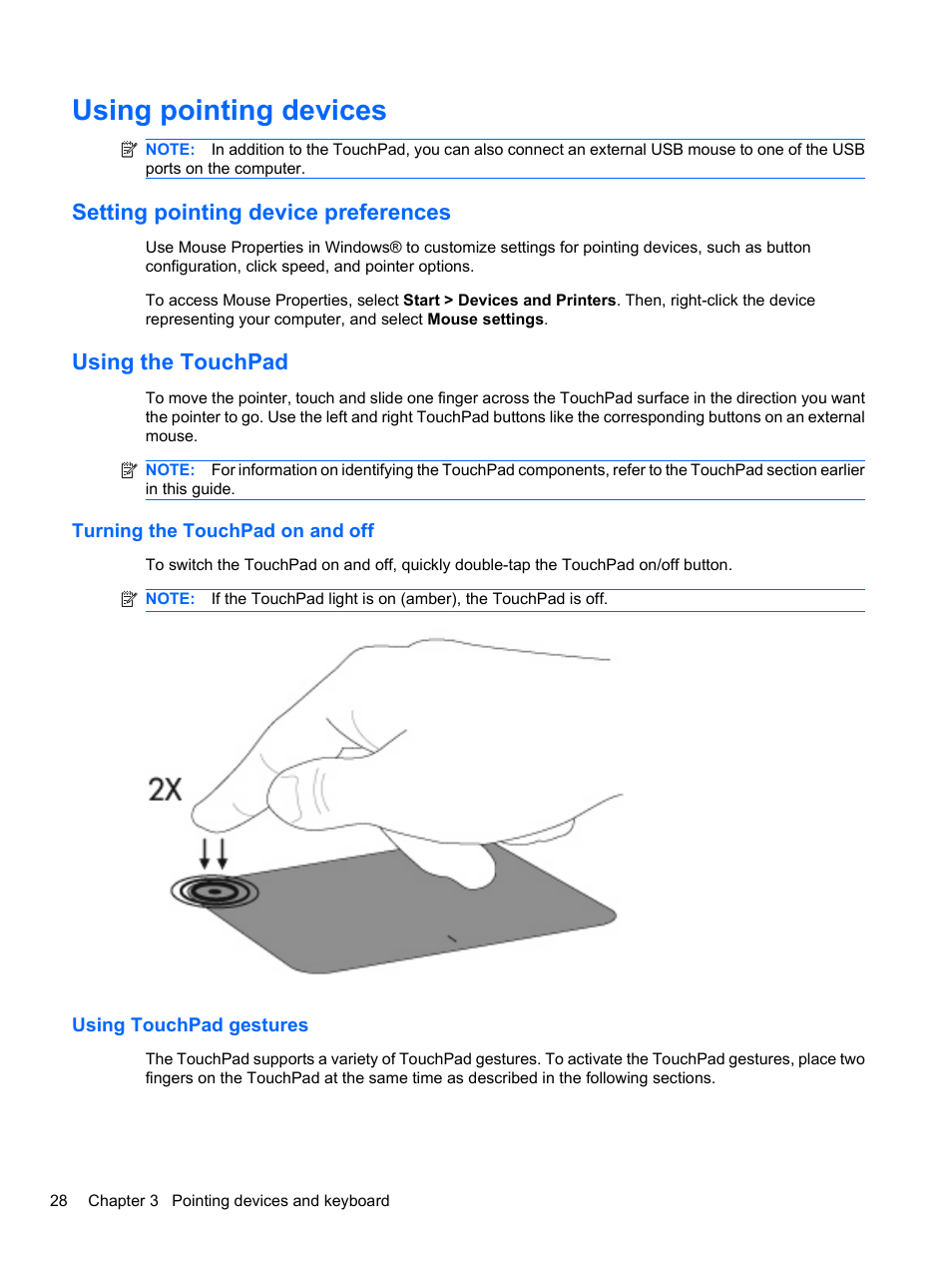 Using pointing devices, Setting pointing device preferences, Using the touchpad | Turning the touchpad on and off, Using touchpad gestures | HP Pavilion dv3-4001tx Entertainment Notebook PC User Manual | Page 38 / 124