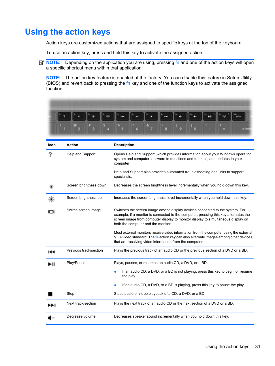 Using the action keys | HP Pavilion dv3-4001tx Entertainment Notebook PC User Manual | Page 41 / 124