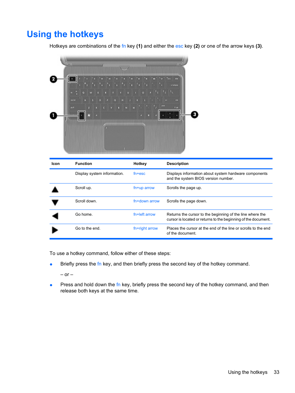 Using the hotkeys | HP Pavilion dv3-4001tx Entertainment Notebook PC User Manual | Page 43 / 124