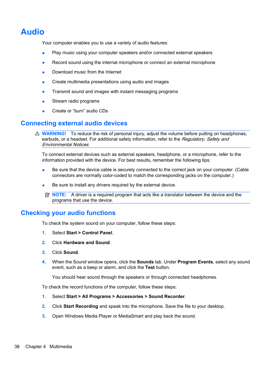 Audio, Connecting external audio devices, Checking your audio functions | HP Pavilion dv3-4001tx Entertainment Notebook PC User Manual | Page 48 / 124