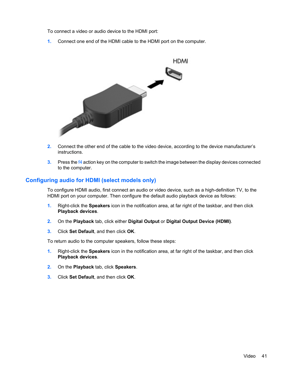 Configuring audio for hdmi (select models only) | HP Pavilion dv3-4001tx Entertainment Notebook PC User Manual | Page 51 / 124