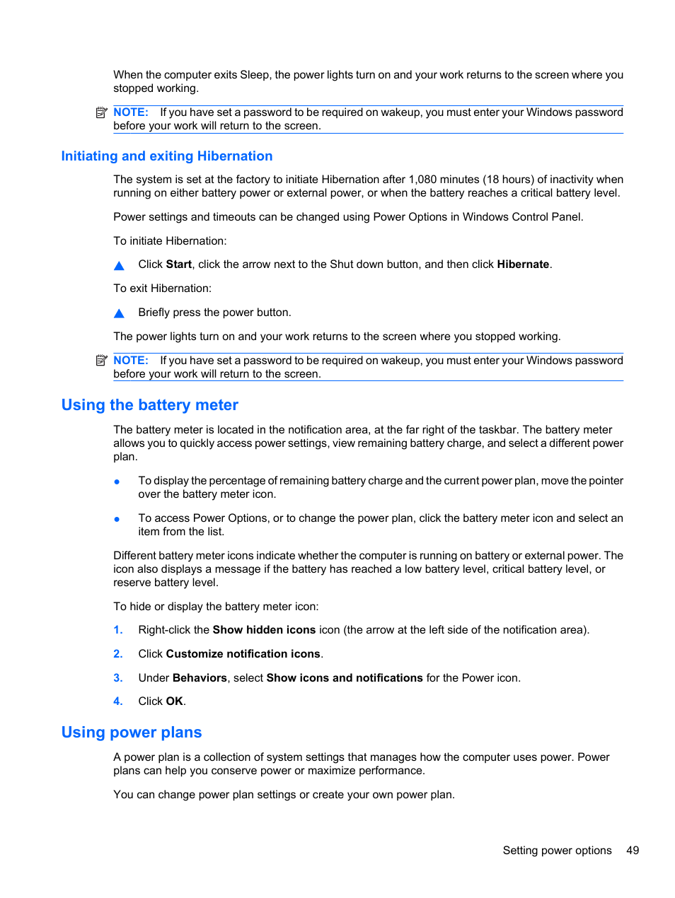 Initiating and exiting hibernation, Using the battery meter, Using power plans | Using the battery meter using power plans | HP Pavilion dv3-4001tx Entertainment Notebook PC User Manual | Page 59 / 124