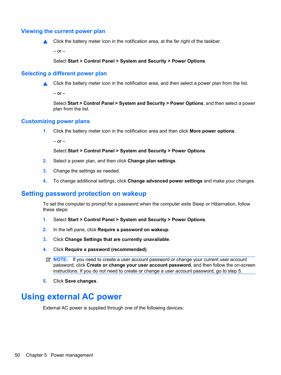 Viewing the current power plan, Selecting a different power plan, Customizing power plans | Setting password protection on wakeup, Using external ac power | HP Pavilion dv3-4001tx Entertainment Notebook PC User Manual | Page 60 / 124