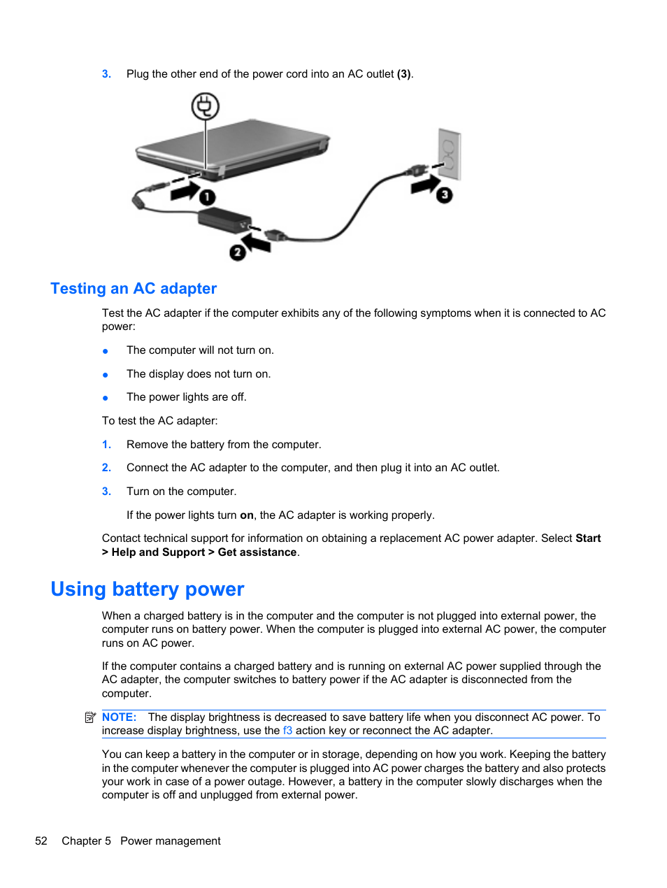 Testing an ac adapter, Using battery power | HP Pavilion dv3-4001tx Entertainment Notebook PC User Manual | Page 62 / 124