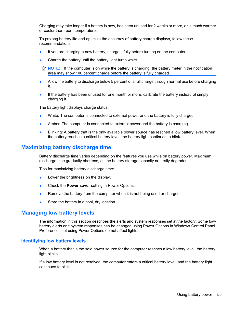 Maximizing battery discharge time, Managing low battery levels, Identifying low battery levels | HP Pavilion dv3-4001tx Entertainment Notebook PC User Manual | Page 65 / 124