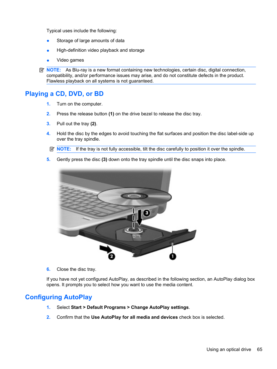 Playing a cd, dvd, or bd, Configuring autoplay, Playing a cd, dvd, or bd configuring autoplay | HP Pavilion dv3-4001tx Entertainment Notebook PC User Manual | Page 75 / 124