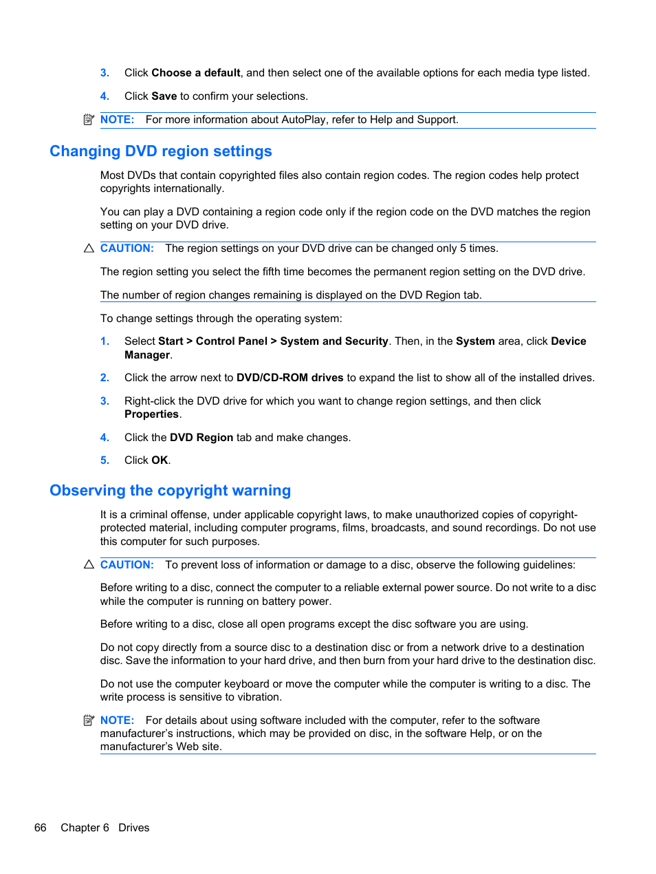 Changing dvd region settings, Observing the copyright warning | HP Pavilion dv3-4001tx Entertainment Notebook PC User Manual | Page 76 / 124