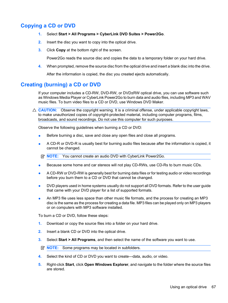 Copying a cd or dvd, Creating (burning) a cd or dvd, Copying a cd or dvd creating (burning) a cd or dvd | HP Pavilion dv3-4001tx Entertainment Notebook PC User Manual | Page 77 / 124