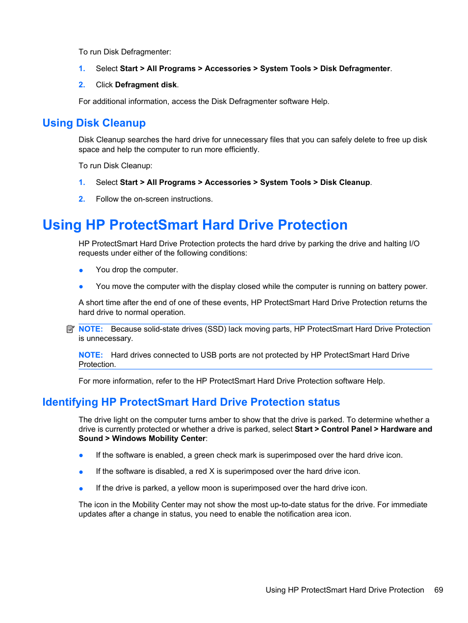 Using disk cleanup, Using hp protectsmart hard drive protection | HP Pavilion dv3-4001tx Entertainment Notebook PC User Manual | Page 79 / 124
