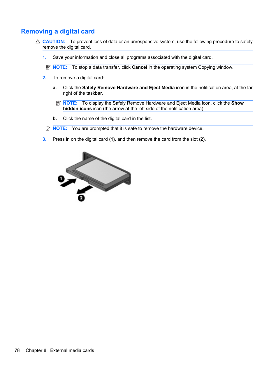 Removing a digital card | HP Pavilion dv3-4001tx Entertainment Notebook PC User Manual | Page 88 / 124