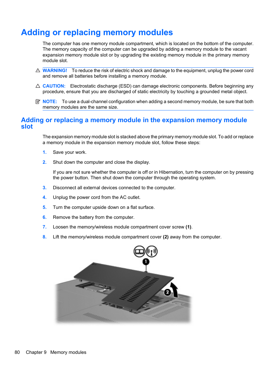 Adding or replacing memory modules | HP Pavilion dv3-4001tx Entertainment Notebook PC User Manual | Page 90 / 124