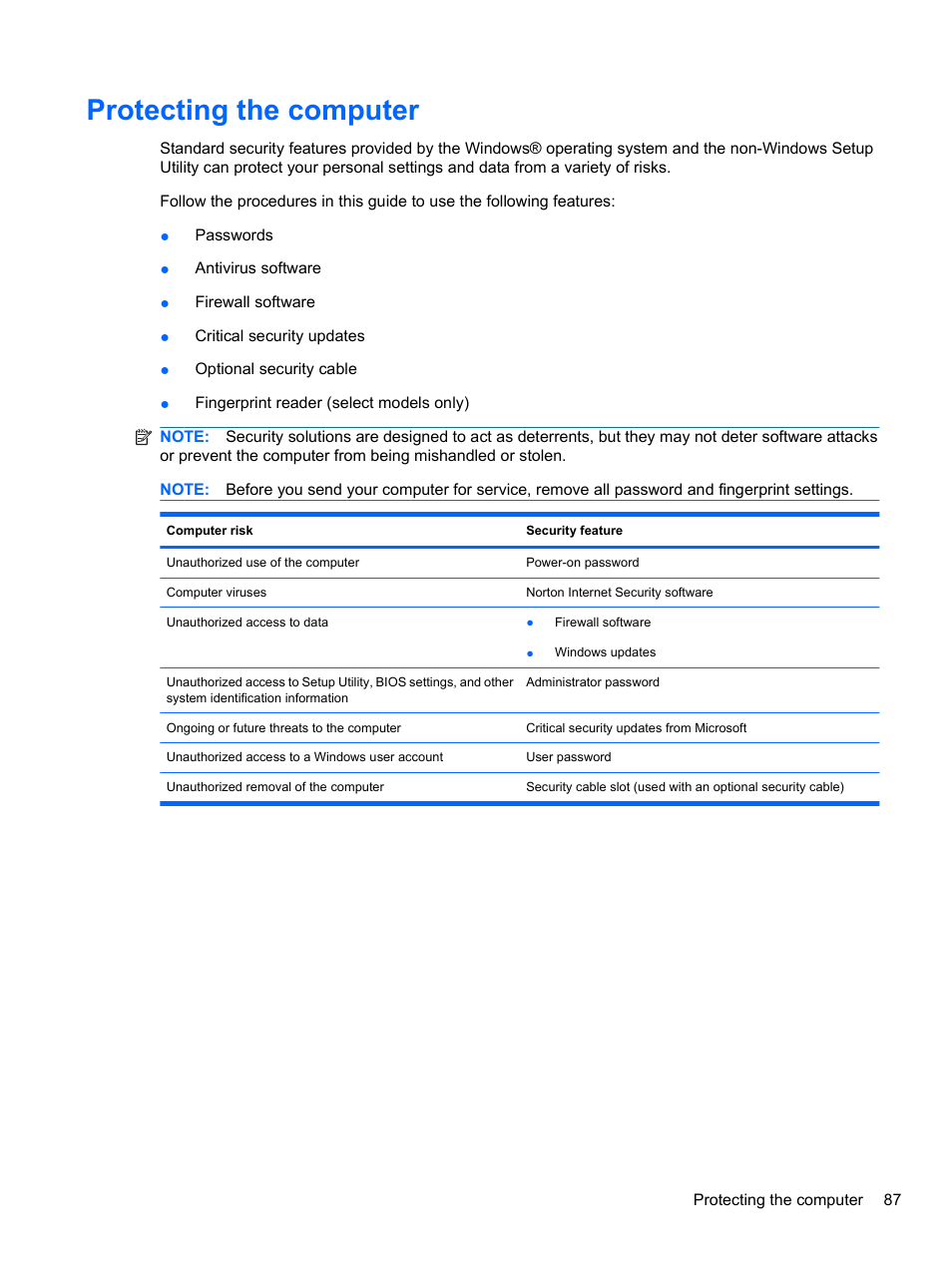Protecting the computer | HP Pavilion dv3-4001tx Entertainment Notebook PC User Manual | Page 97 / 124