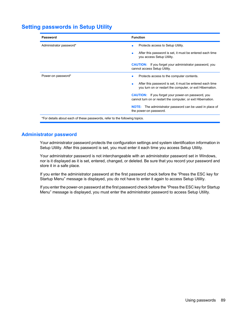 Setting passwords in setup utility, Administrator password | HP Pavilion dv3-4001tx Entertainment Notebook PC User Manual | Page 99 / 124