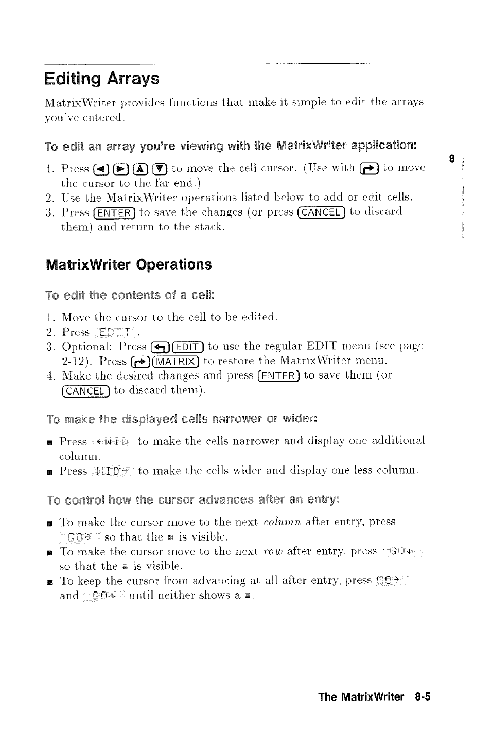 Editing arrays, To edit the contents of a cell, Matrixwriter operations | The contents, Acell | HP 48g Graphing Calculator User Manual | Page 105 / 612