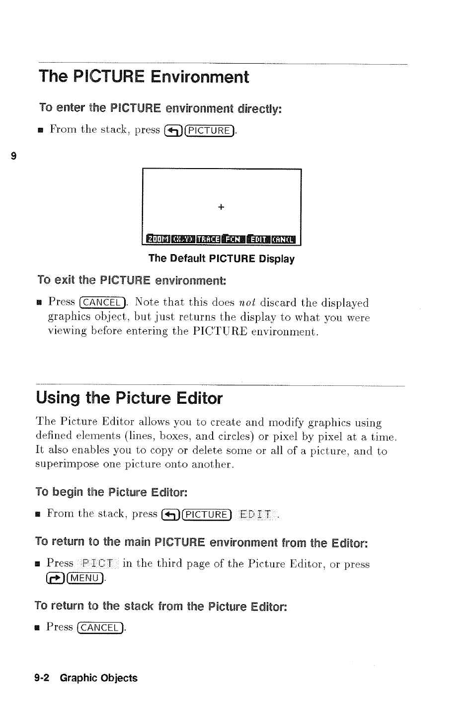 The picture environment, To enter the picture environment directly, To exit the picture environment | Using the picture editor, To begin the picture editor, To return to the stack from the picture editor | HP 48g Graphing Calculator User Manual | Page 110 / 612