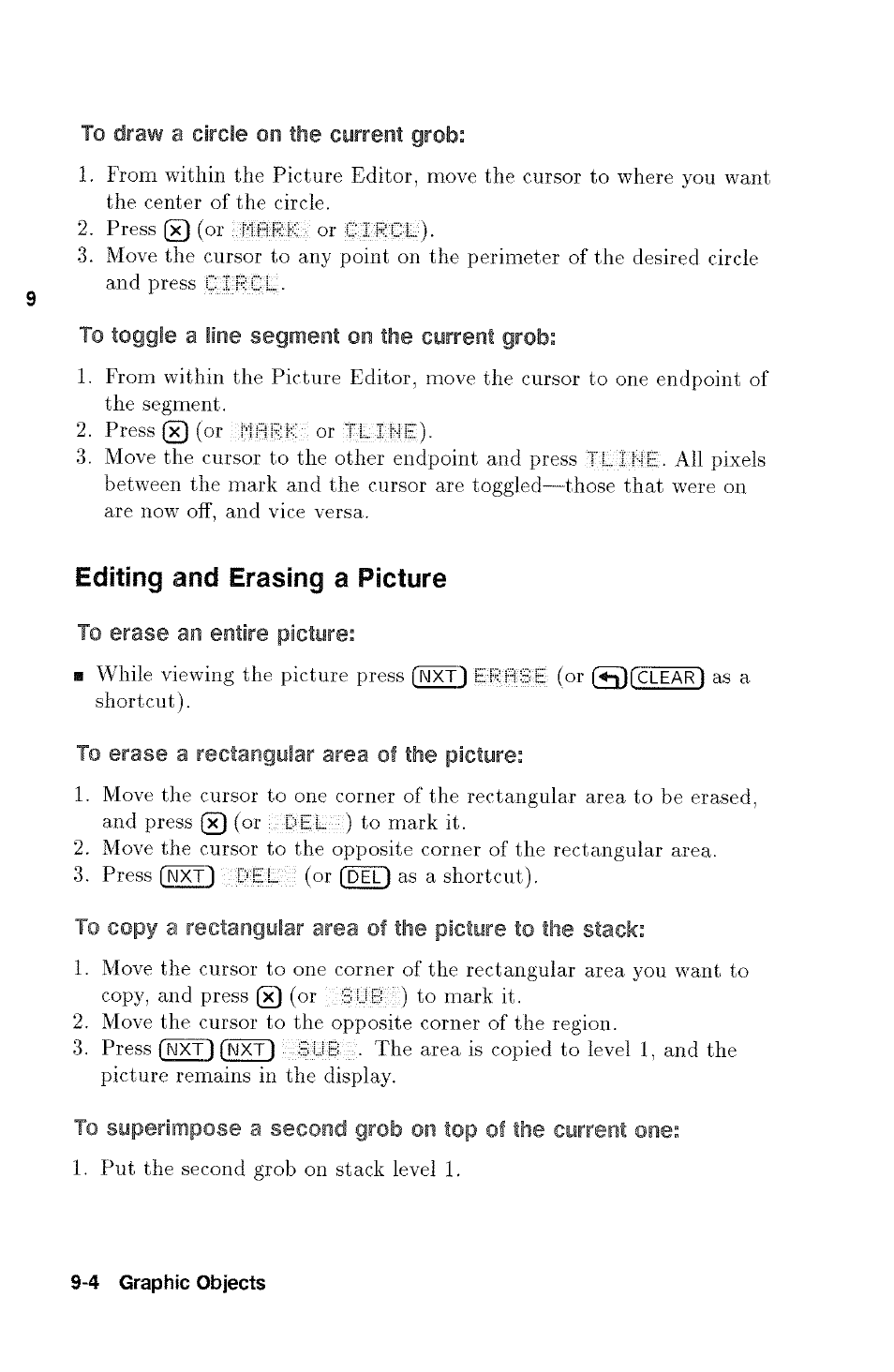 To draw a circle on the current grob, To toggle a line segment on the current grob, Editing and erasing a picture | To erase an entire picture, To erase a rectangular area of the picture | HP 48g Graphing Calculator User Manual | Page 112 / 612