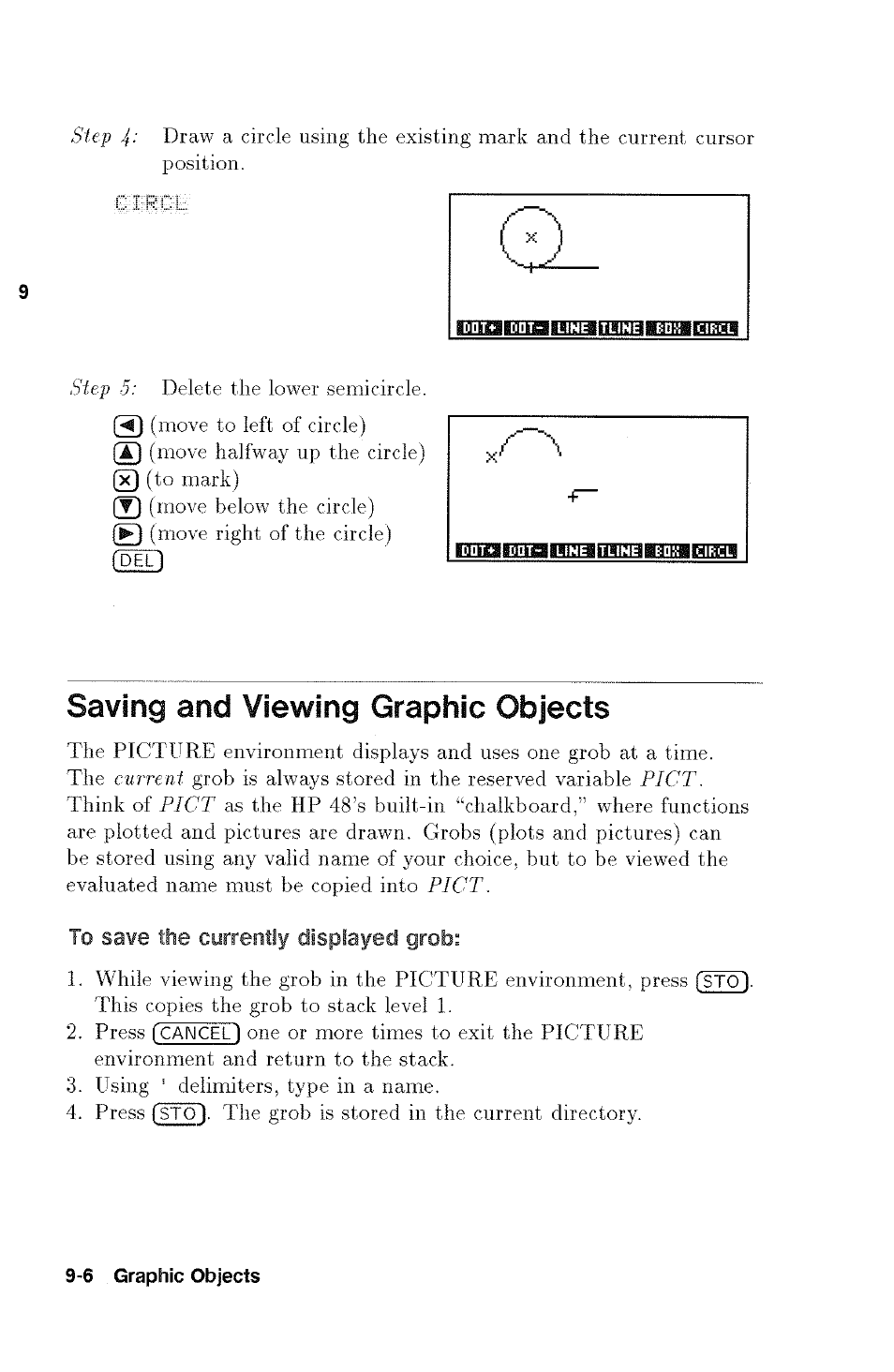 Saving and viewing graphic objects, To save the currently displayed grob | HP 48g Graphing Calculator User Manual | Page 114 / 612