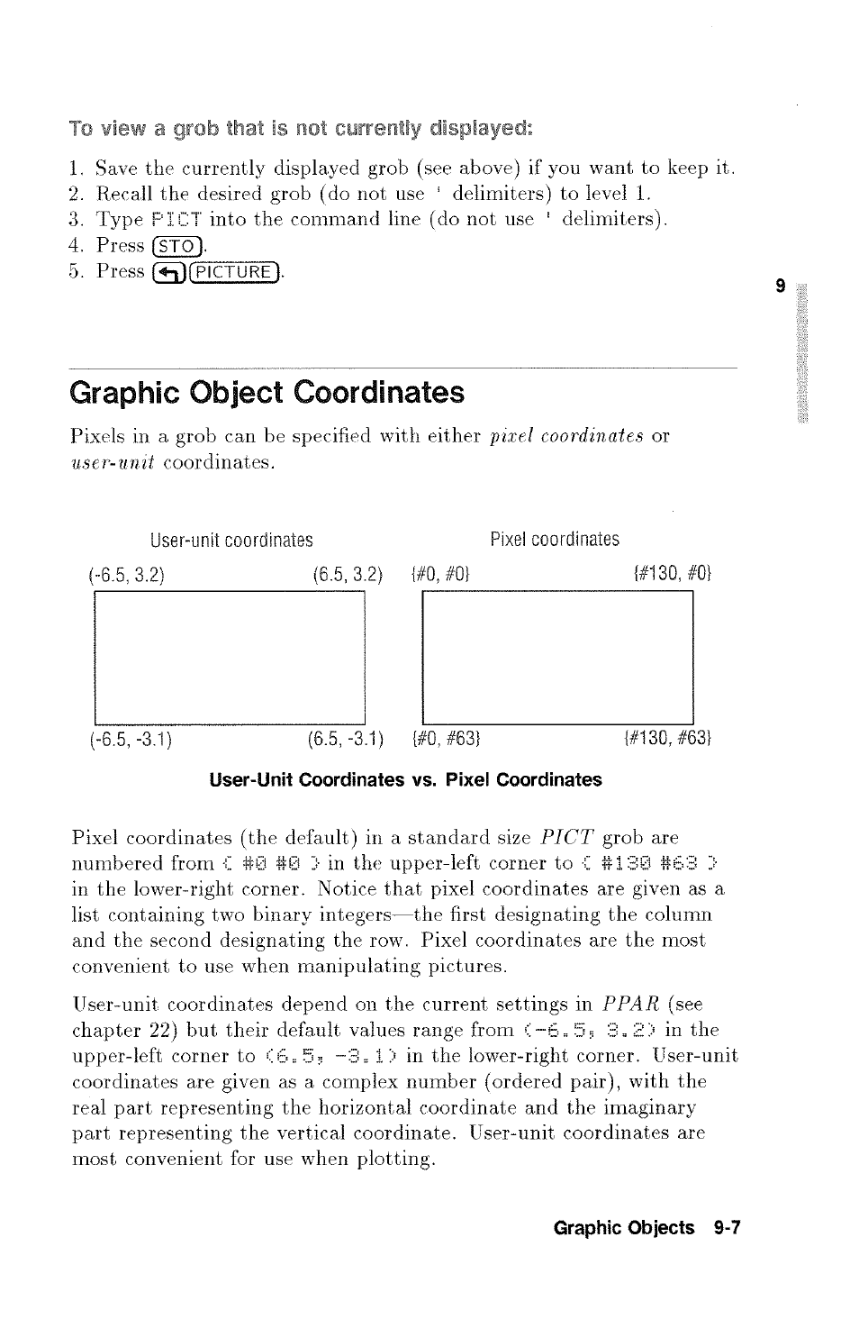 Graphic object coordinates | HP 48g Graphing Calculator User Manual | Page 115 / 612