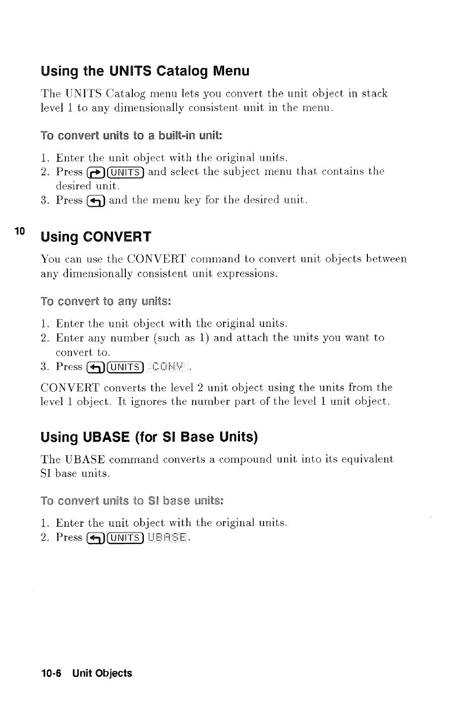 Using the units catalog menu, Using convert, To convert to any units | Using ubase (for si base units) | HP 48g Graphing Calculator User Manual | Page 124 / 612