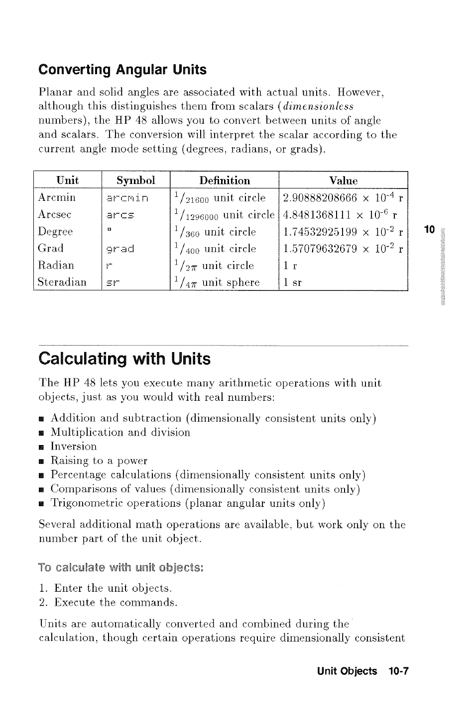 Calculating with units, Calculating with dates -1, Converting angular units | HP 48g Graphing Calculator User Manual | Page 125 / 612