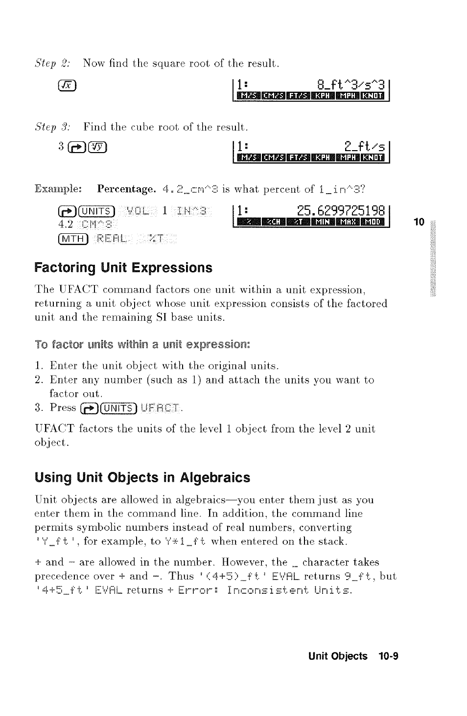 Factoring unit expressions, To factor units within a unit expression, Using unit objects in aigebraics | 2_ft^s | HP 48g Graphing Calculator User Manual | Page 127 / 612