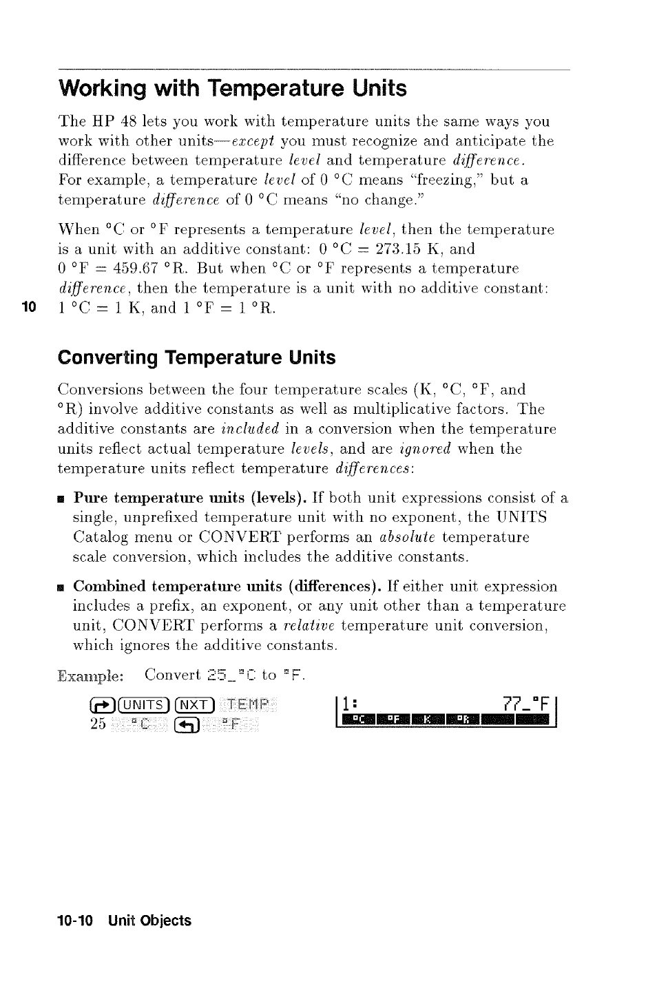 Working with temperature units, Calculating with temperature units -11, H p 1 ^ ' ? ? _ t 1 bhmbembbahbb m—¡1 | Converting temperature units | HP 48g Graphing Calculator User Manual | Page 128 / 612