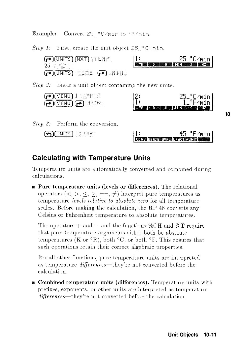 Calculating with temperature units, 25_“c/nin, 5_tfmin | L_°ffnin, 45_°ffpiin | HP 48g Graphing Calculator User Manual | Page 129 / 612