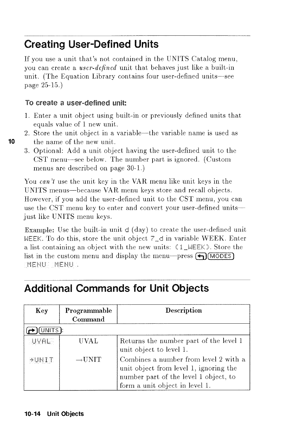 Creating user-defined units, To create a user-defined unit, Additional commands for unit objects | Creating user-defined units -14, Additional commands for unit objects -14, Creating a user-defined function -7 | HP 48g Graphing Calculator User Manual | Page 132 / 612