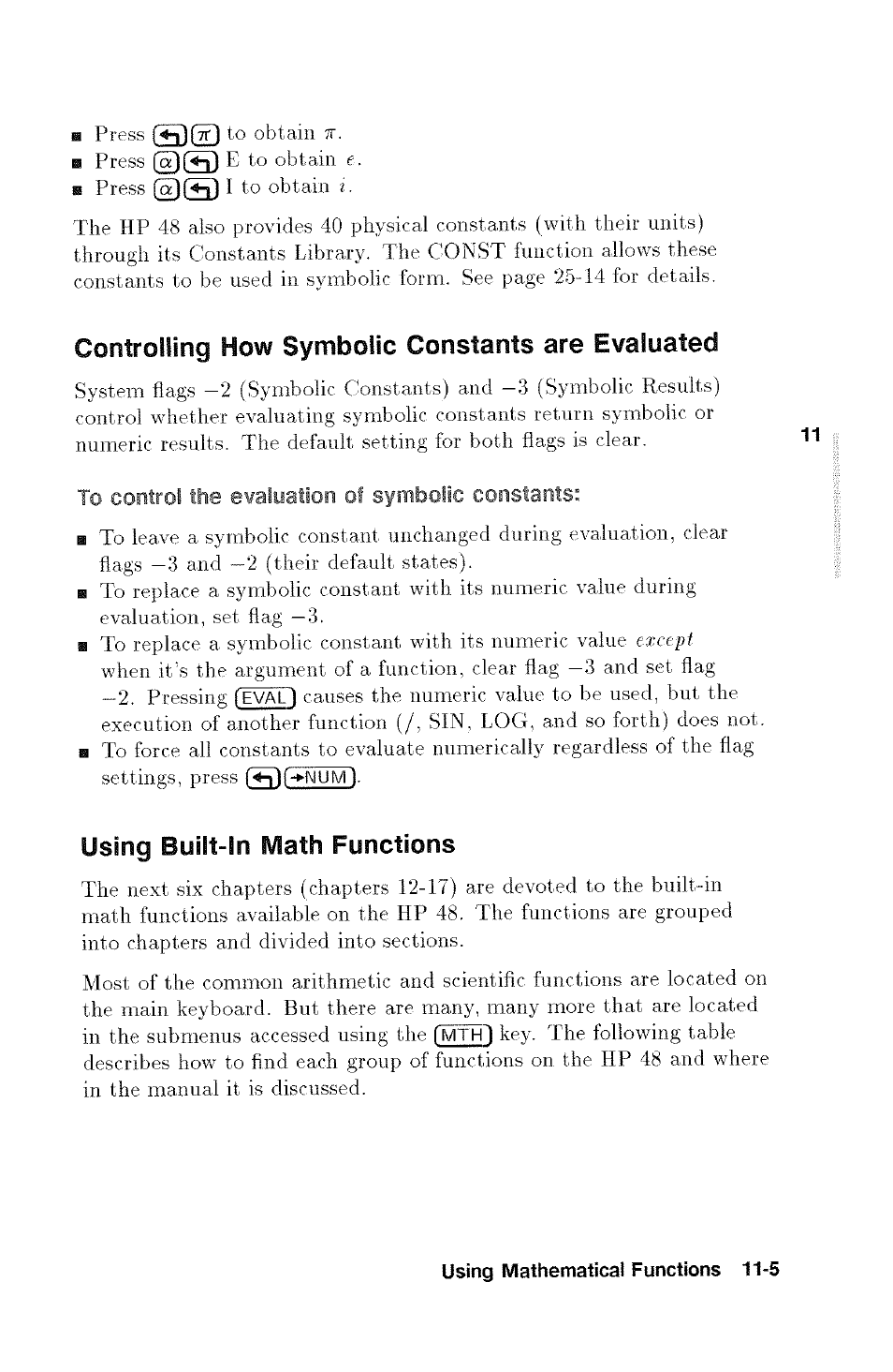 Controlling how symbolic constants are evaluated, Using built-in math functions | HP 48g Graphing Calculator User Manual | Page 137 / 612