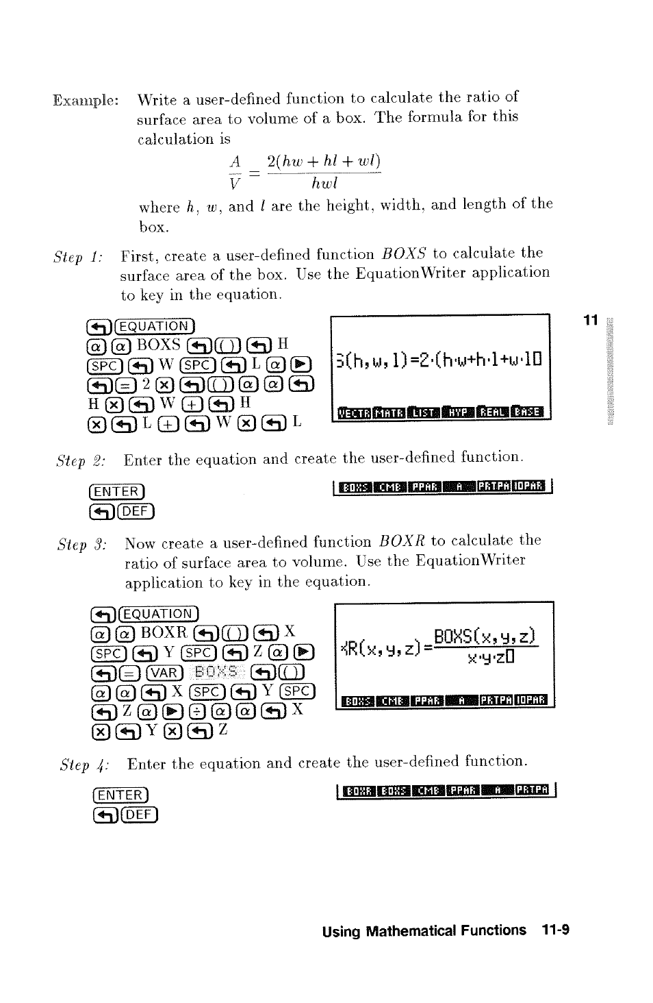 I laiwaitibhimiianj^wa, 3 x ded 3 y (spc), Zed s) w dhd s) l © (b s)ce3 2 q shu) © © s) | Shhd, 3 z © b 0 © © 3 x | HP 48g Graphing Calculator User Manual | Page 141 / 612