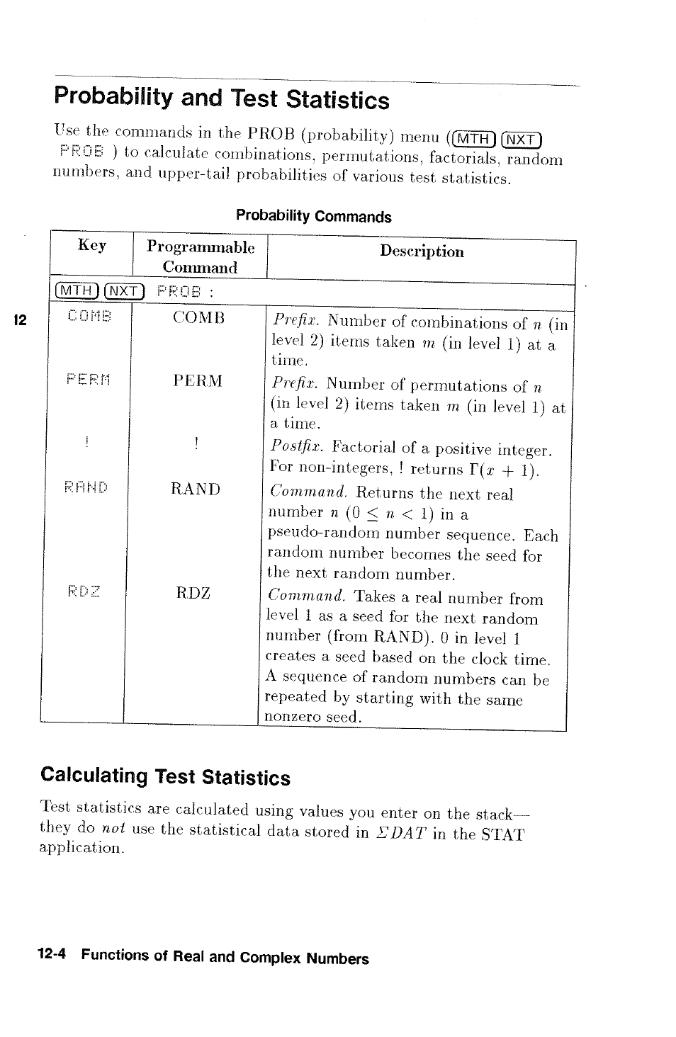 Probability and test statistics, Probability and test statistics -4, Calculating test statistics | Probability commands | HP 48g Graphing Calculator User Manual | Page 146 / 612